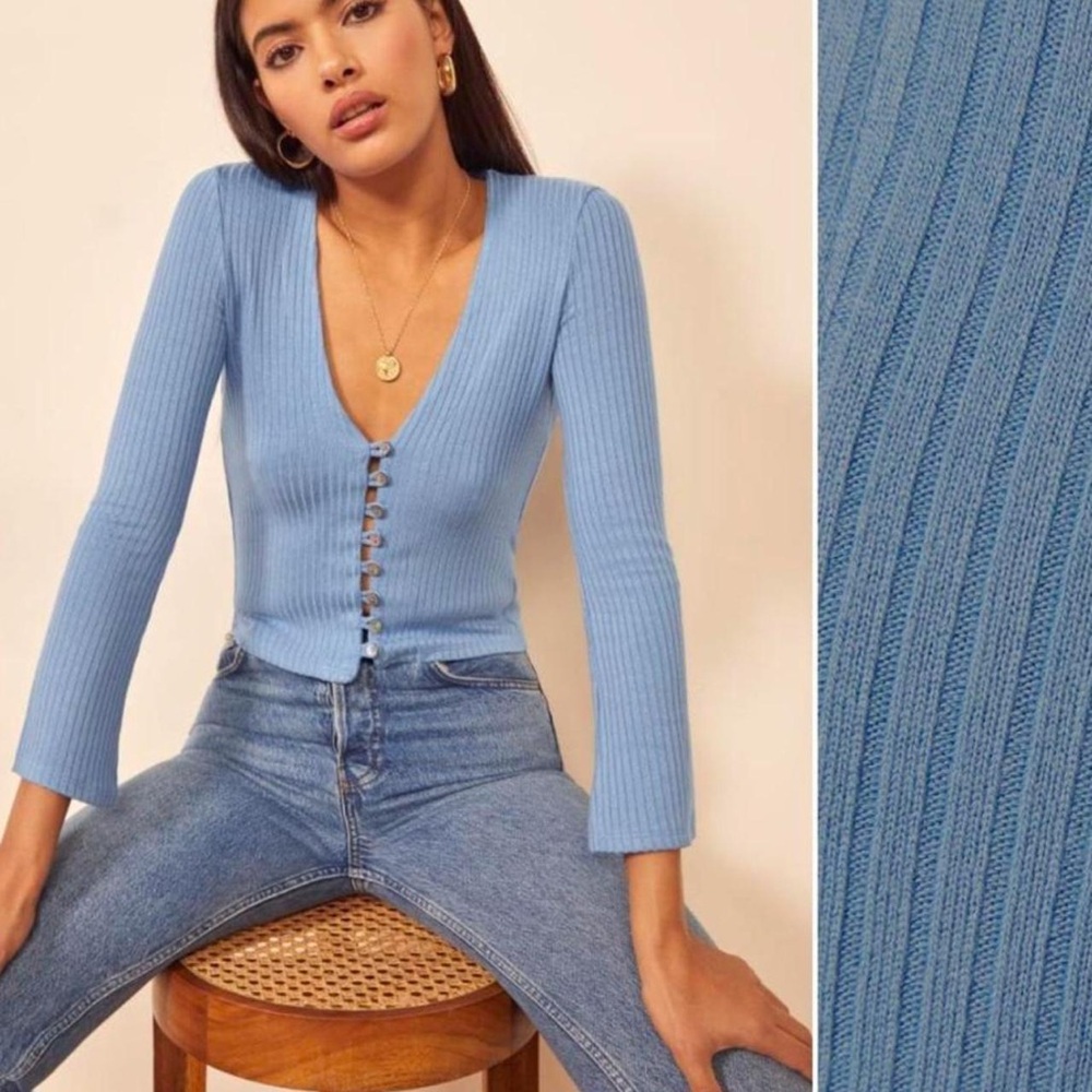 Reformation Blue Ribbed Button-Front V-Neck Sweater - Picture 8 of 9